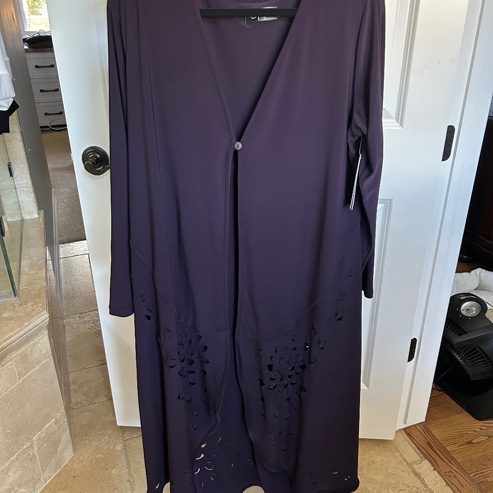 Sympli Dark Purple Duster with cut outs at bottom.  Long sleeve.  Size 16